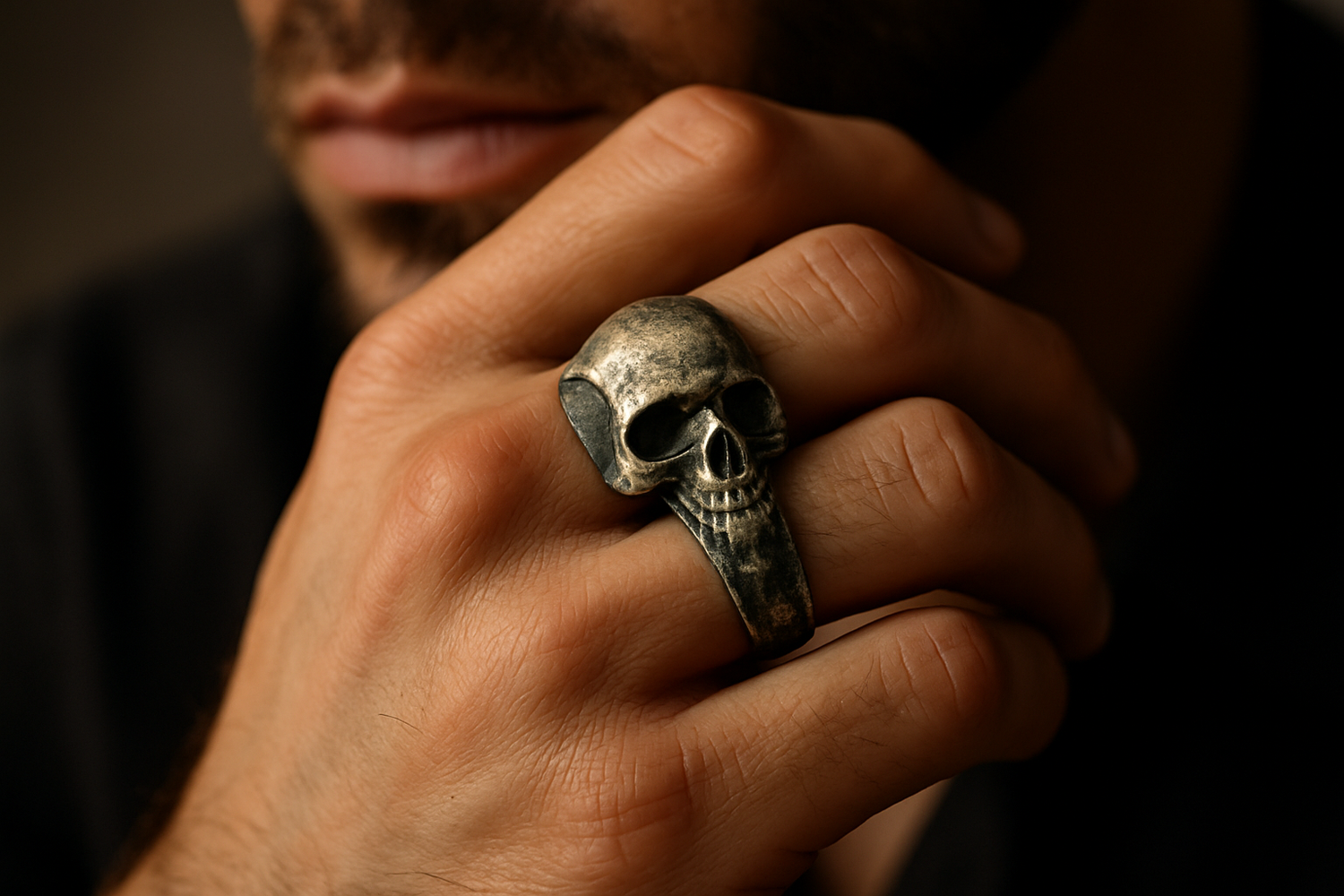 a male models hand with a skull type rustic ring
