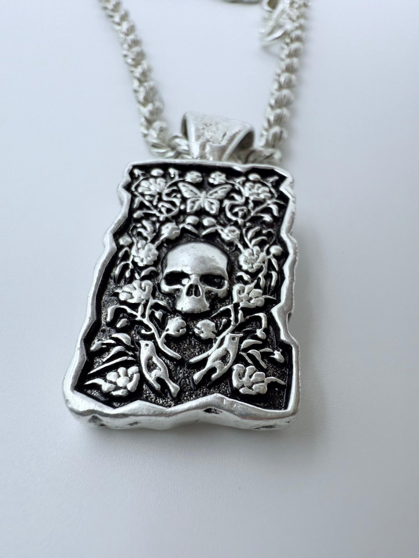 Antique Silver Skull & Nature Pendant Necklace