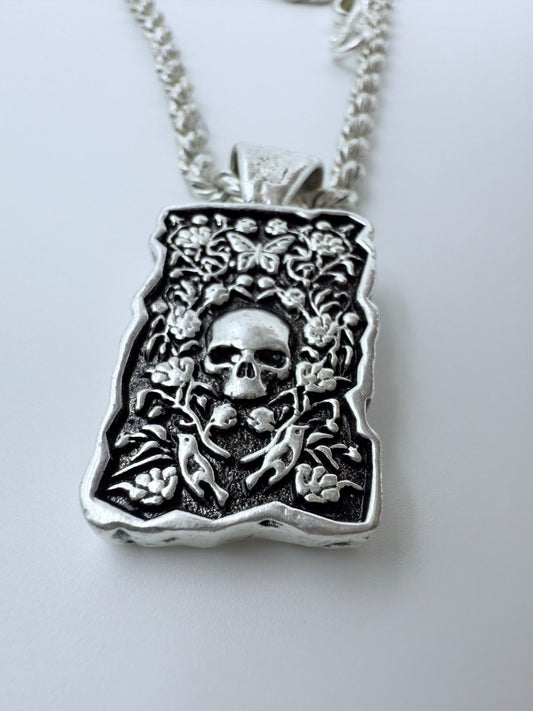 Antique Silver Skull & Nature Pendant Necklace