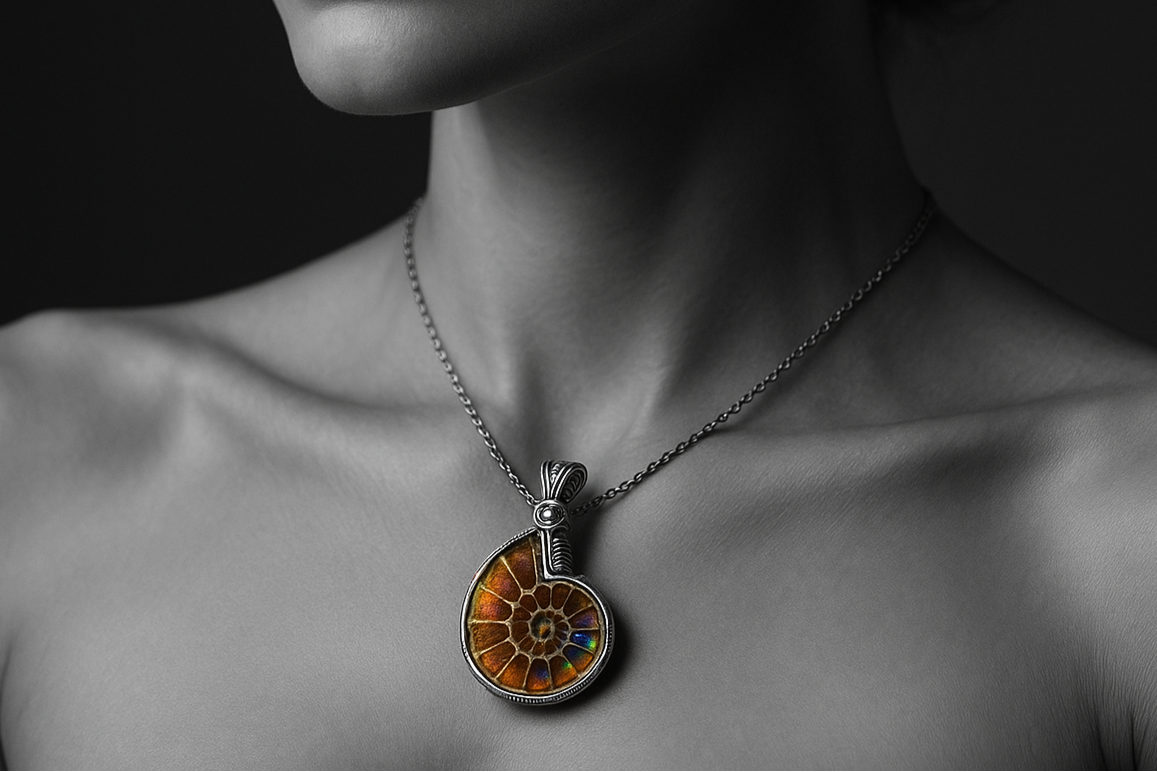 a femal models neck with necklace of wire wrapped ammonite pendant with all the colors of the pic in grey scale except for pendant to show true color